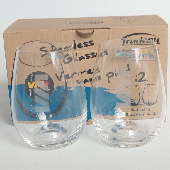 VIA RAIL Stemless Glasses PAIR TRUDEAU Bohemia Set of 2 BNIB European crystallin - Picture 3 of 15